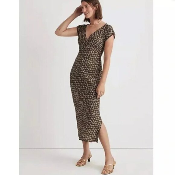 MADEWELL Midi Dress Women 00 Green Floral Wide-V NEW Cap Sleeve Side Slit NO116 - Picture 1 of 2
